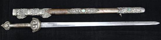 A Tibetan silvered copper mounted sword, 19th/20th century, 95cm